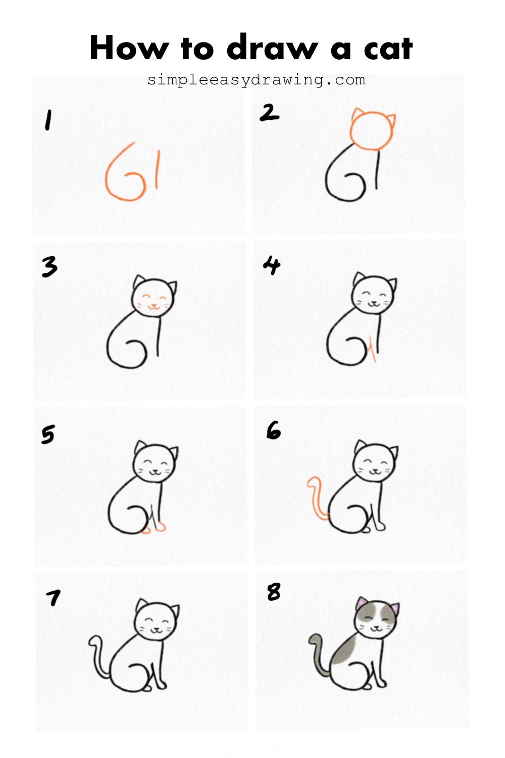 Step by step instructions on how to draw a cat