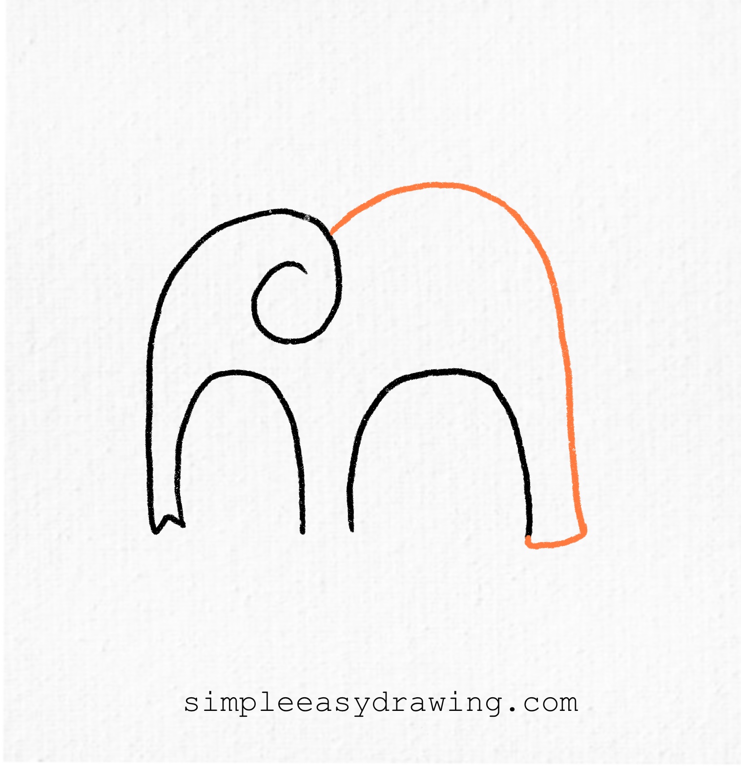 A smooth, arched line begins at the top of the ear and curves over to form the elephant’s back. It then slopes downward and connects to the right U, shaping the body.