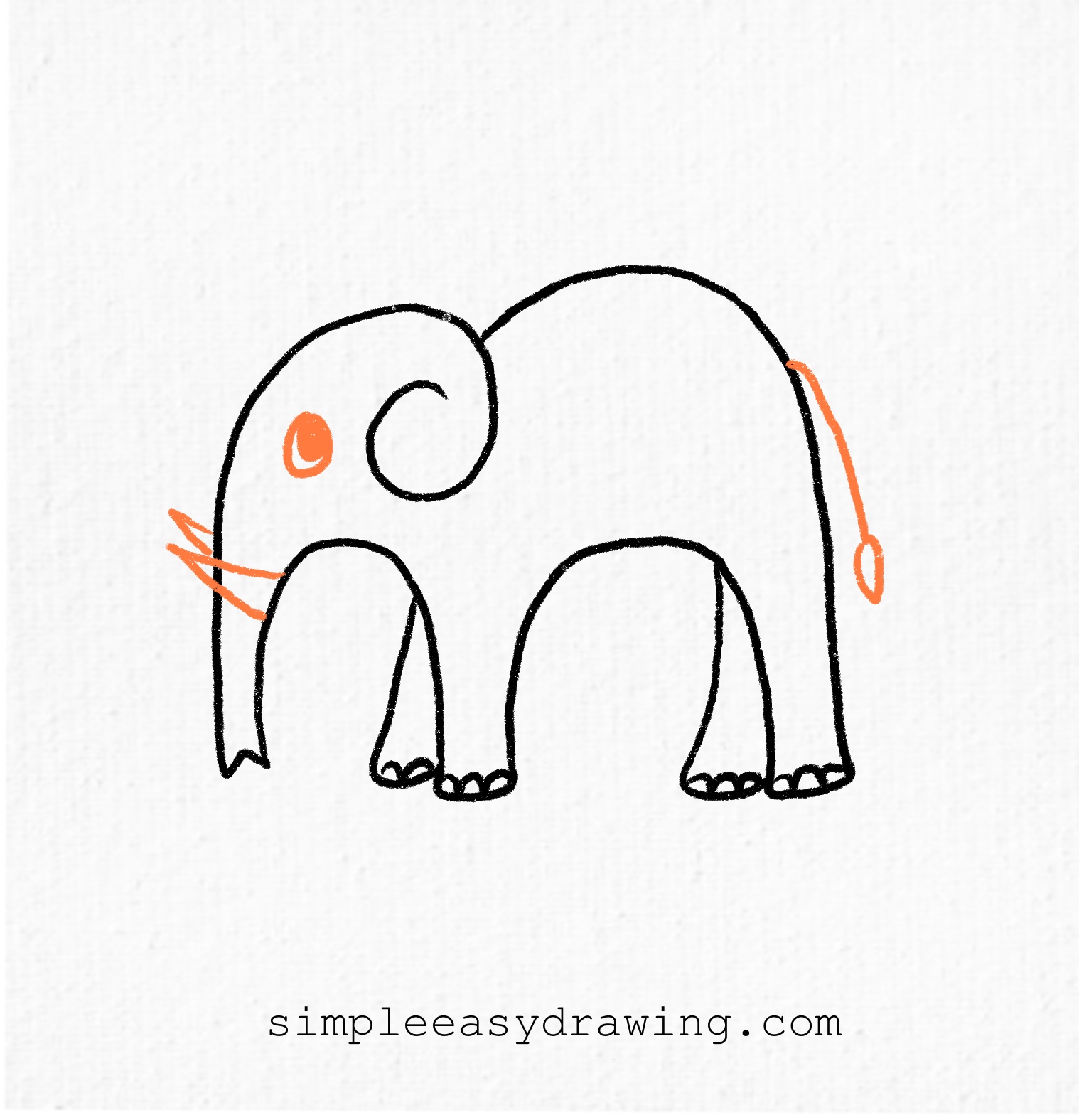 A small circle and dot is drawn near the front for the eye. Two short, curved tusks extends from the side of the trunk. A thin tail with a tuft at the end is added to the back of the body