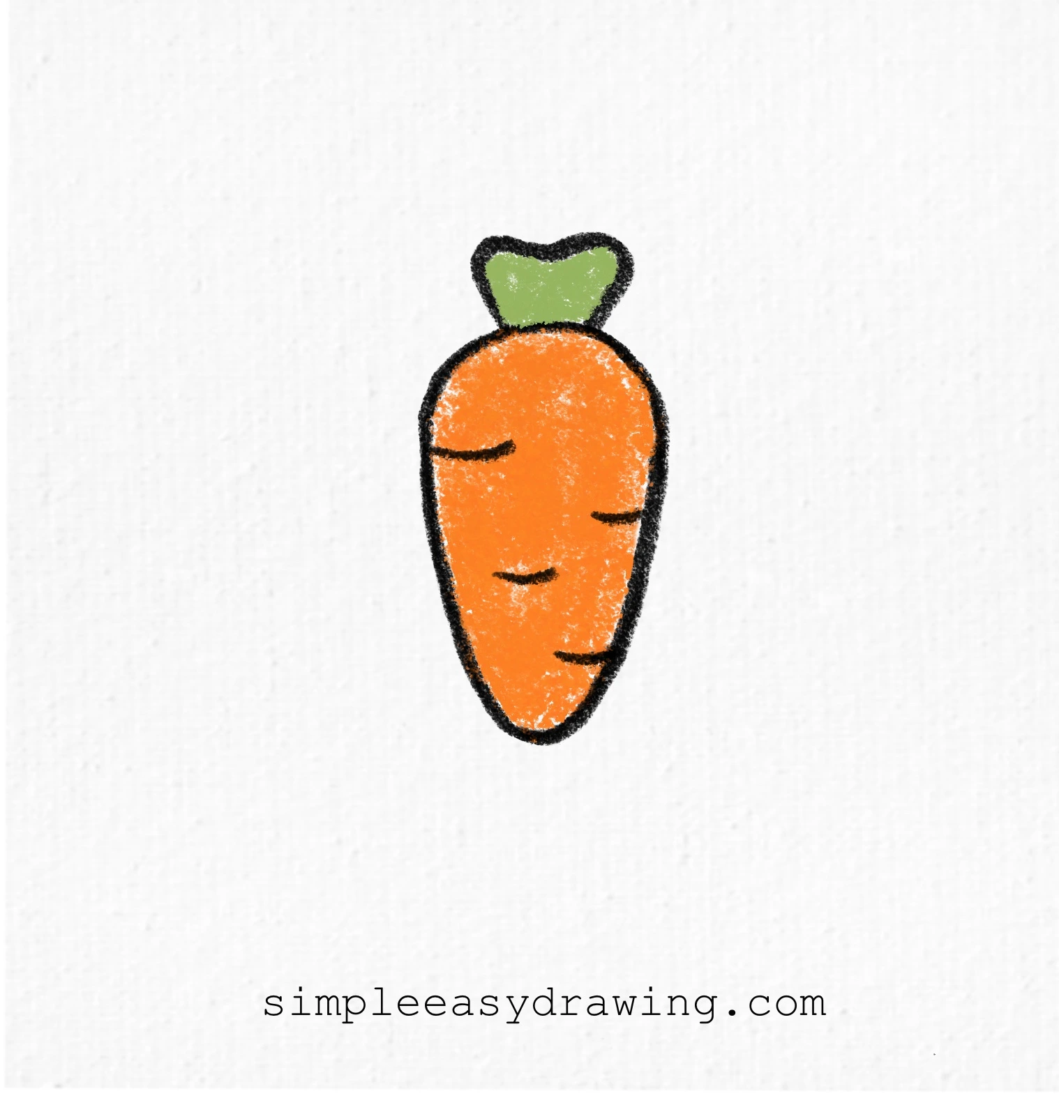 Carrot outlined and colored bright orange with green leaves.