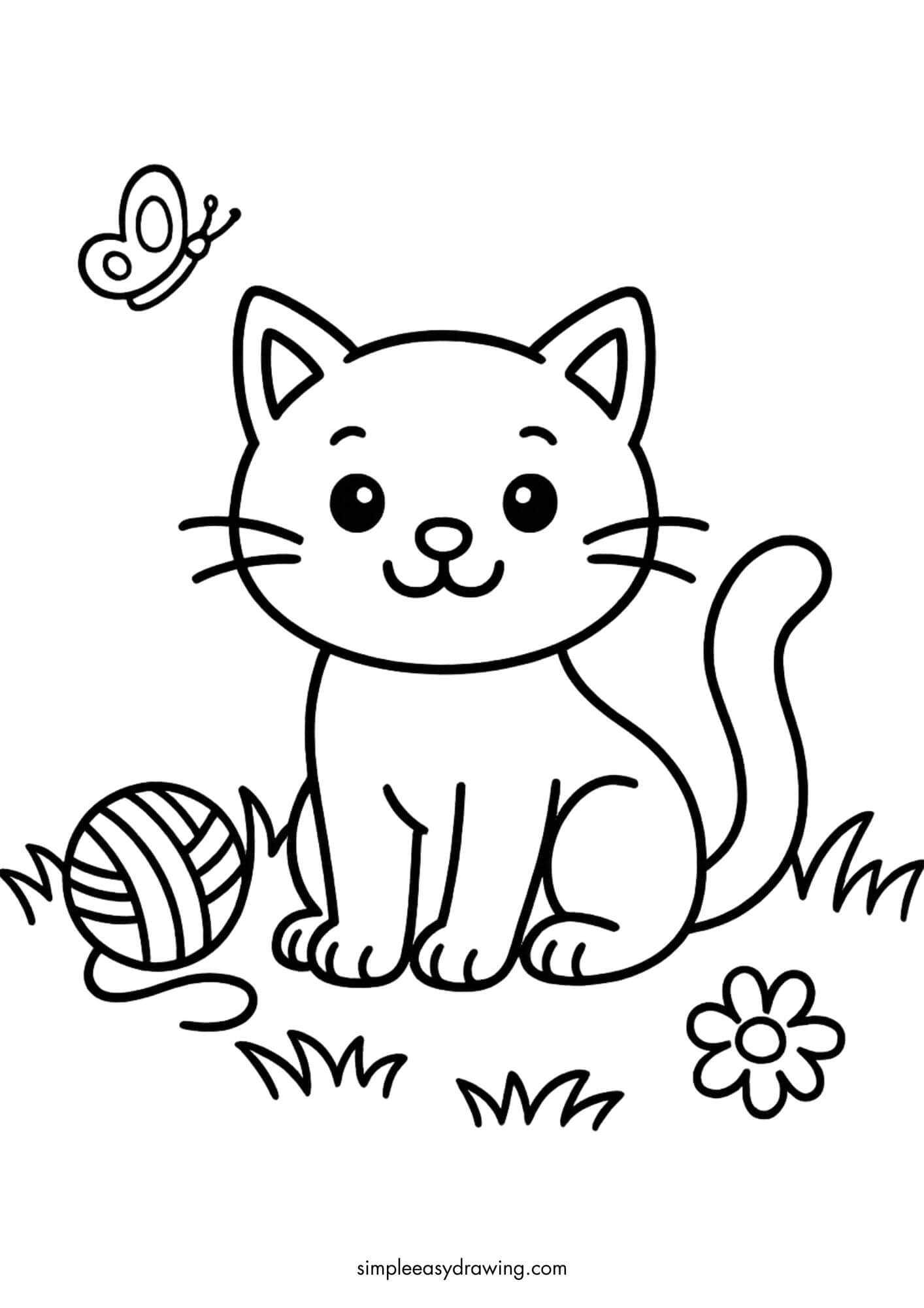 cute cat with yarn coloring page printable