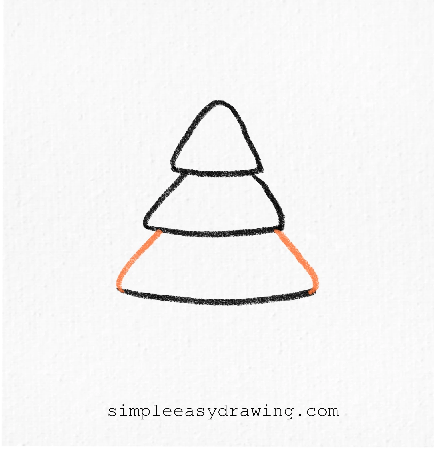 Slanted lines added in orange connecting the middle curve to the bottom curve, shaping the third layer of the Christmas tree.