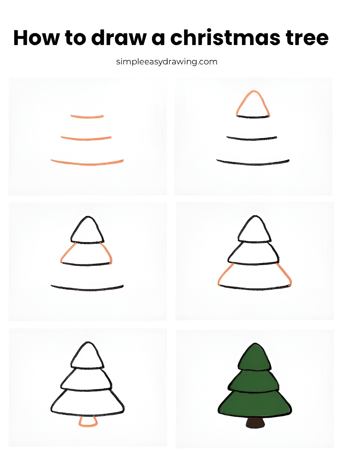 Christmas tree drawing step by step tutorial for kids