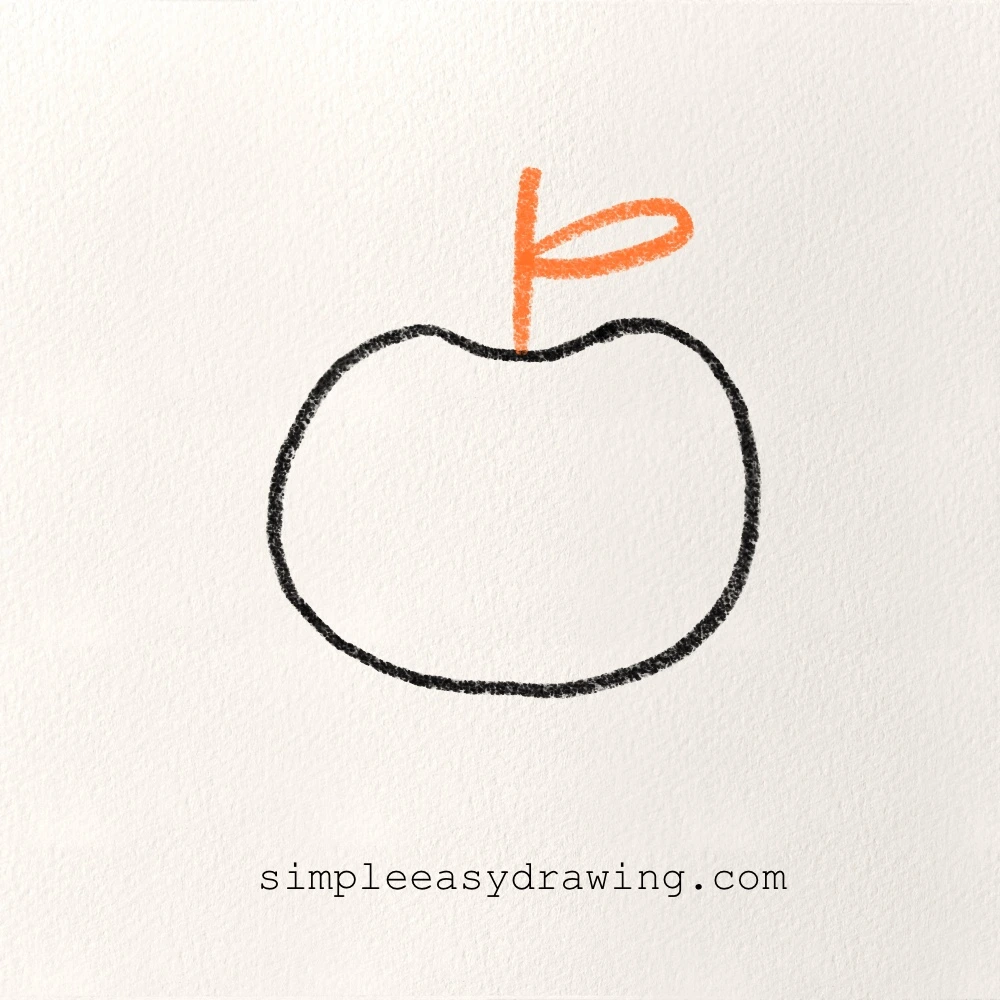 Step 3 of the apple drawing showing the stem and a small leaf added on top.