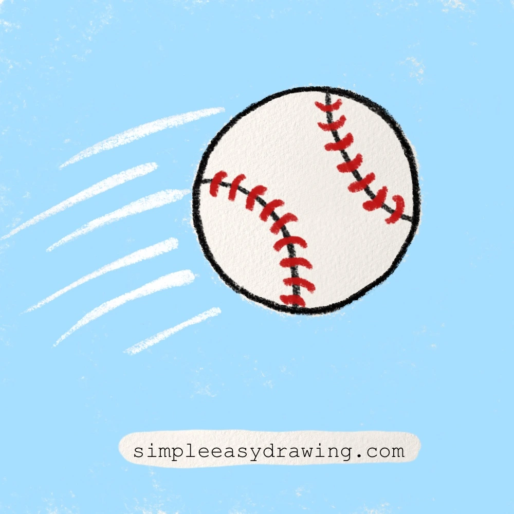 Final baseball drawing with curved red stitches and motion lines added around the ball.