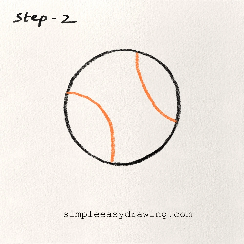 Step 2 of the baseball drawing showing two curved seam lines added inside the circle.