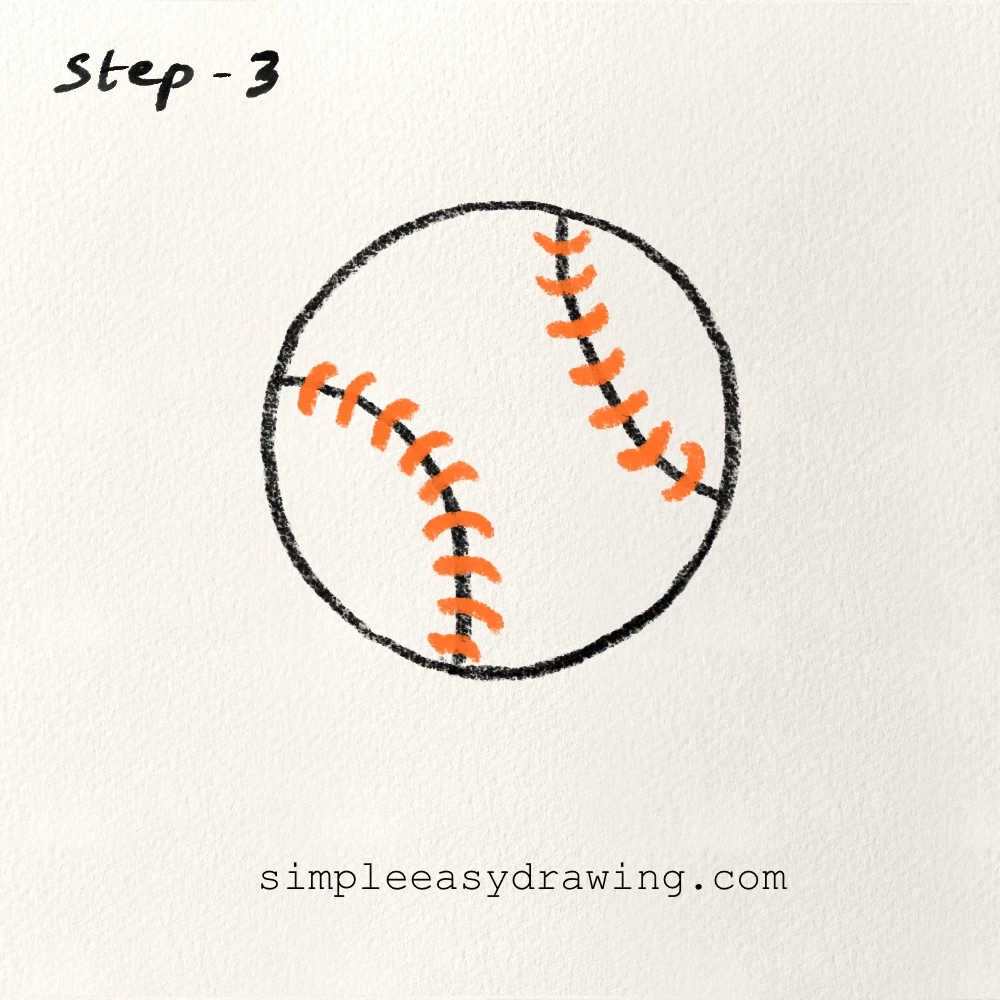 Step 3 of the baseball drawing showing small V-shaped stitches added along the curved seam lines.