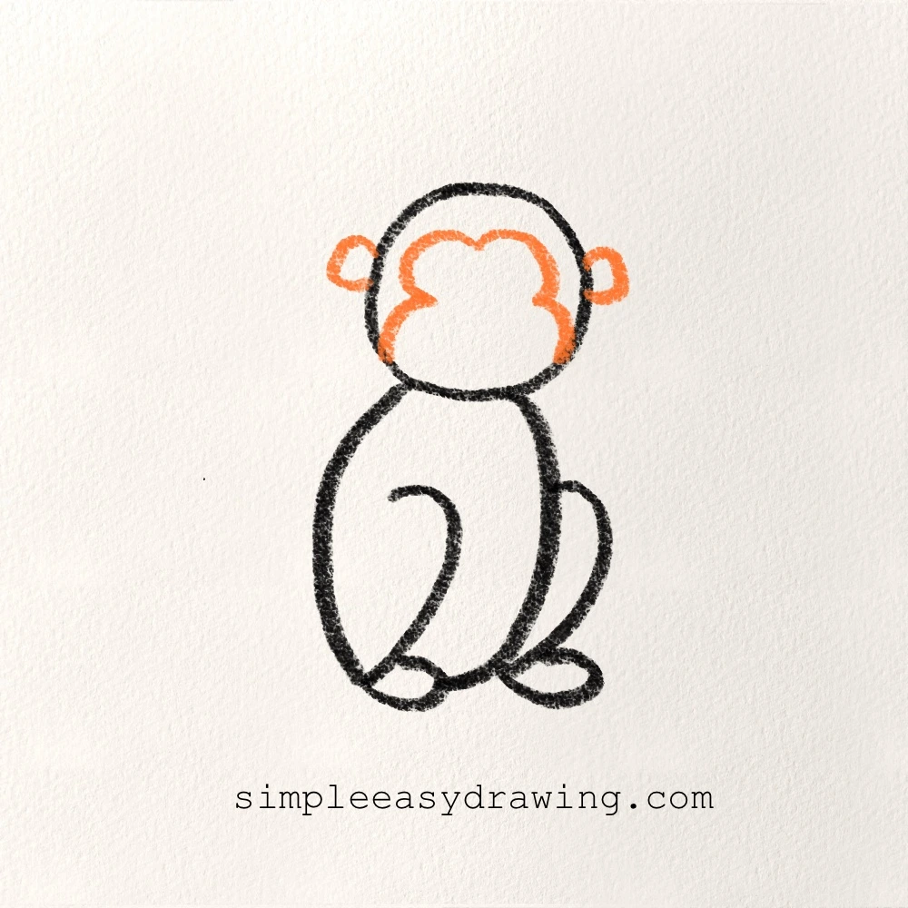 Step five of the drawing shows the Monkey’s ears and the face outline added inside the head.