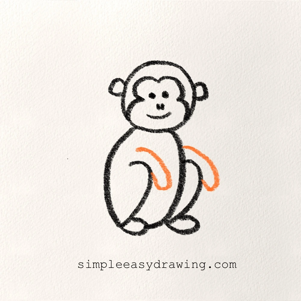 Step seven of the drawing shows the Monkey’s arms added on each side of the body.