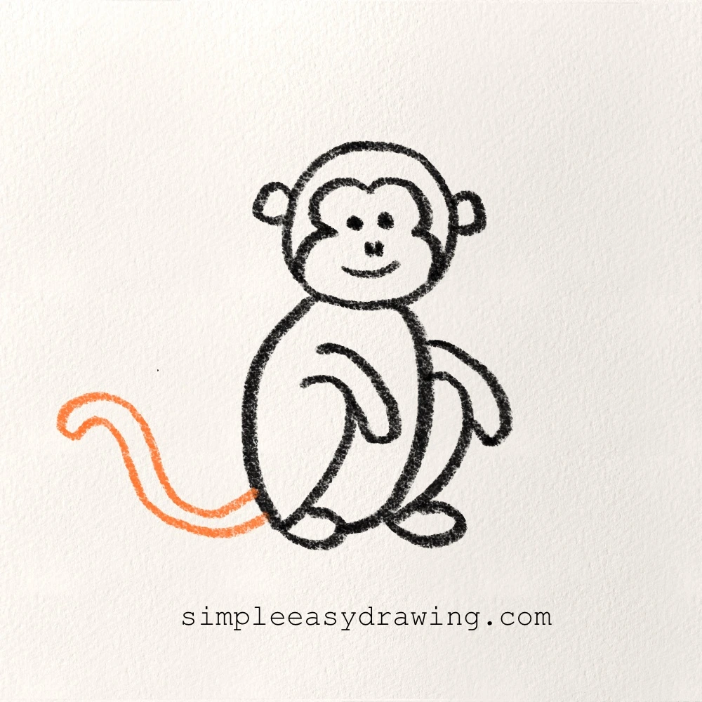 Step eight of the drawing shows the Monkey’s long curly tail drawn from the back.