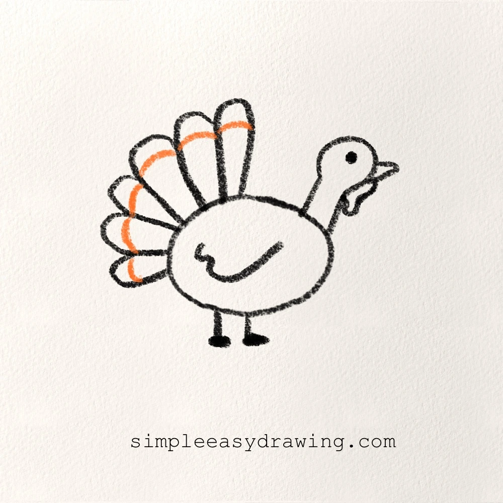 step 7 of the turkey drawing showing feather details added to the turkey’s tail