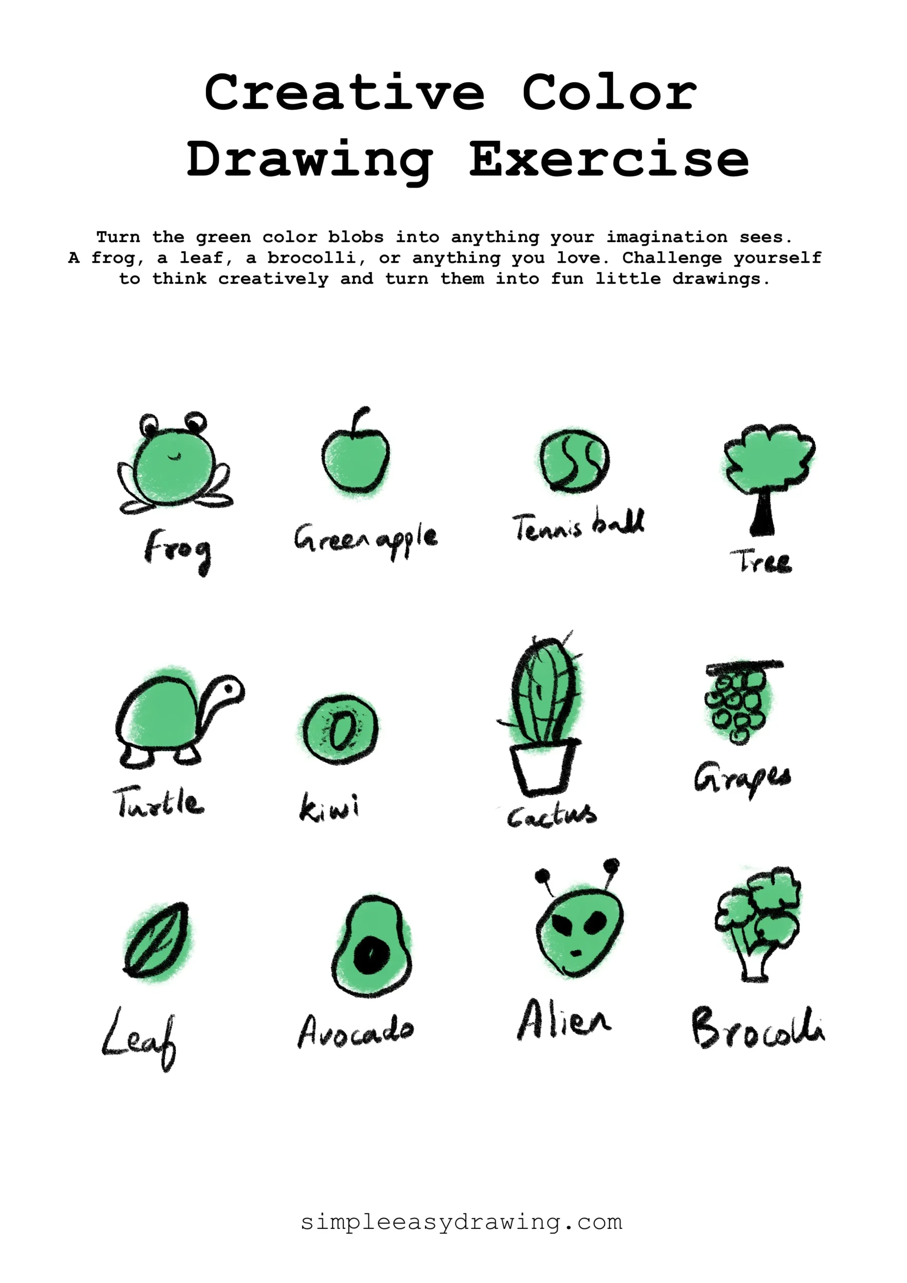 A completed creative color drawing exercise sheet showing twelve green blobs transformed with simple black ink outlines into a frog, green apple, tennis ball, tree, turtle, kiwi, cactus, grapes, leaf, avocado, alien, and broccoli, including handwritten labels.