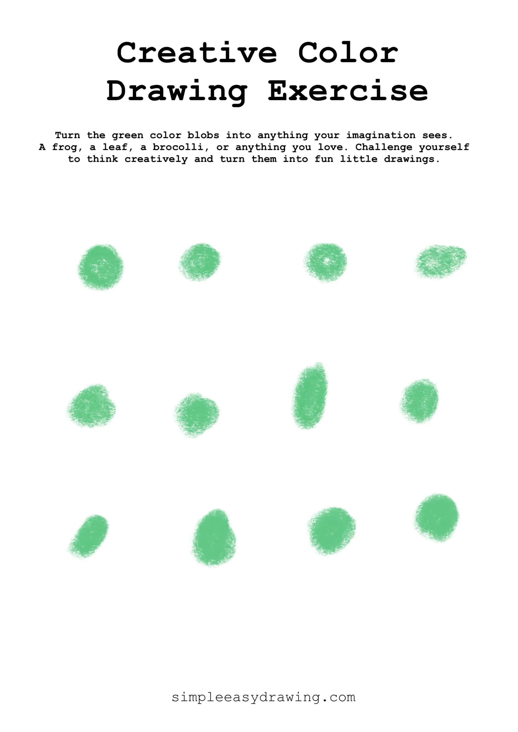 A creative color drawing exercise worksheet featuring twelve abstract green ink blobs arranged in a clean grid pattern on a white background.