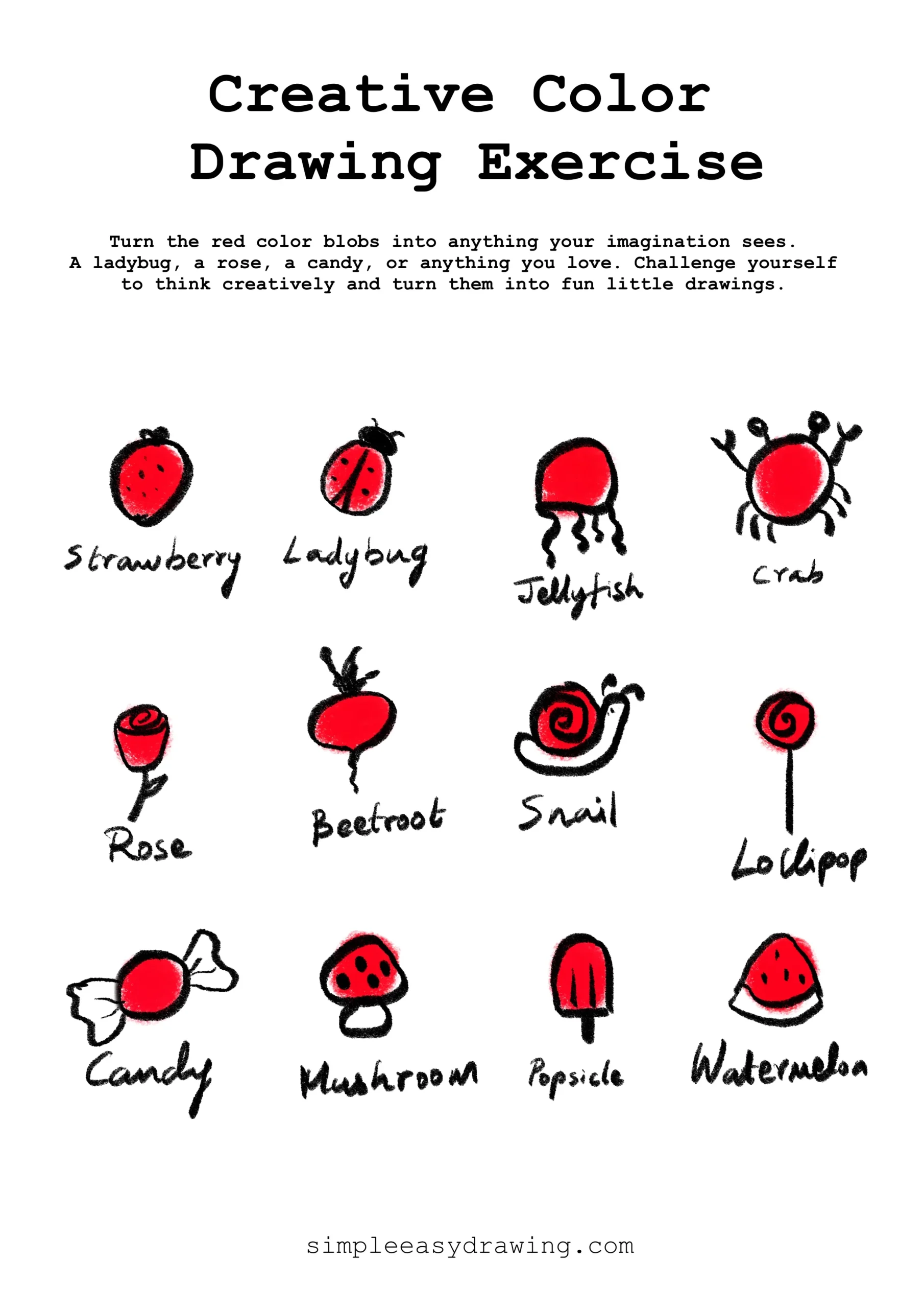 A finished creative drawing worksheet illustration showing twelve abstract red shapes completed as a strawberry, ladybug, jellyfish, crab, rose, beetroot, snail, lollipop, candy, mushroom, popsicle, and watermelon wedge.