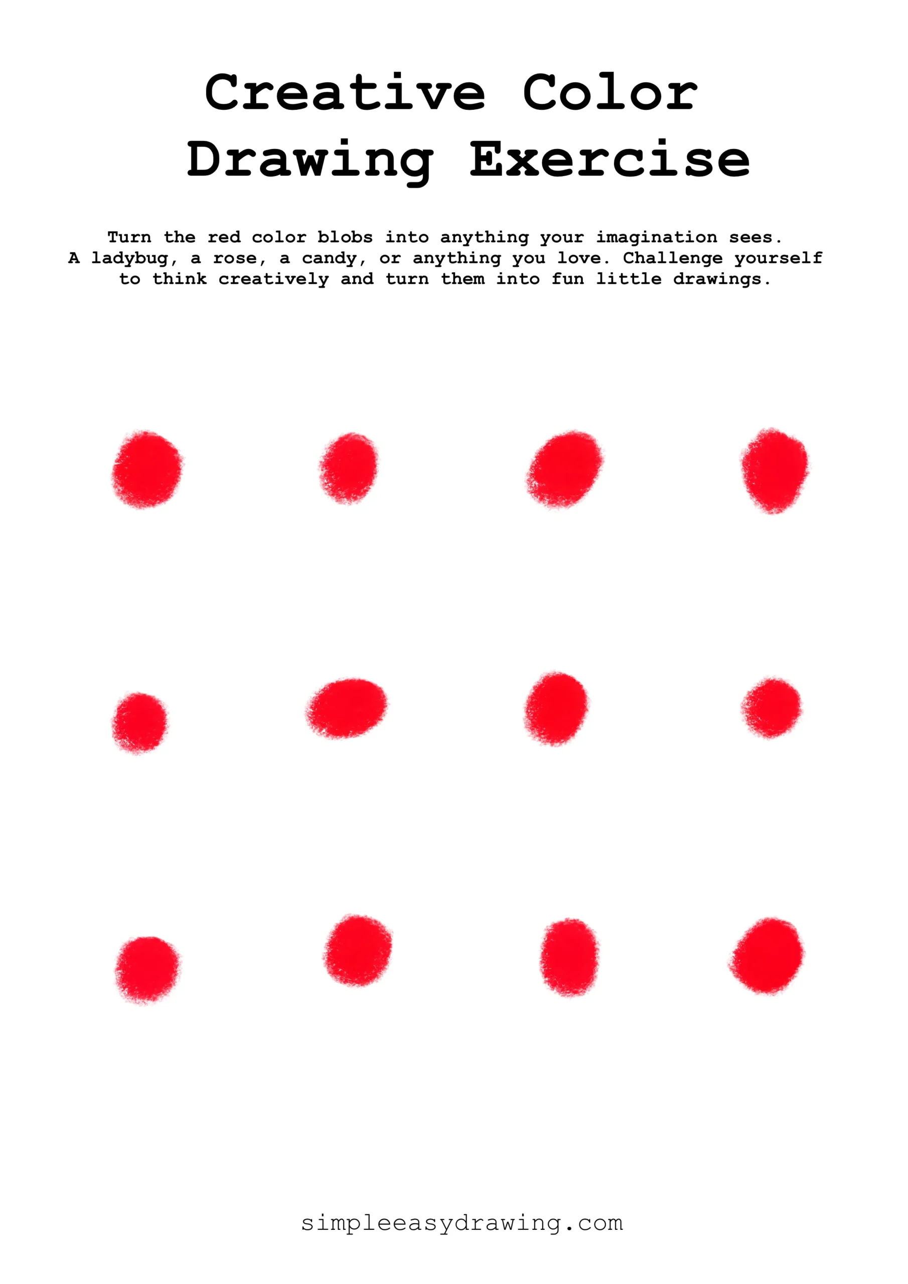 A printable sheet with twelve abstract red textured circles distributed across a white background, designed as a creative starter drawing for beginners.