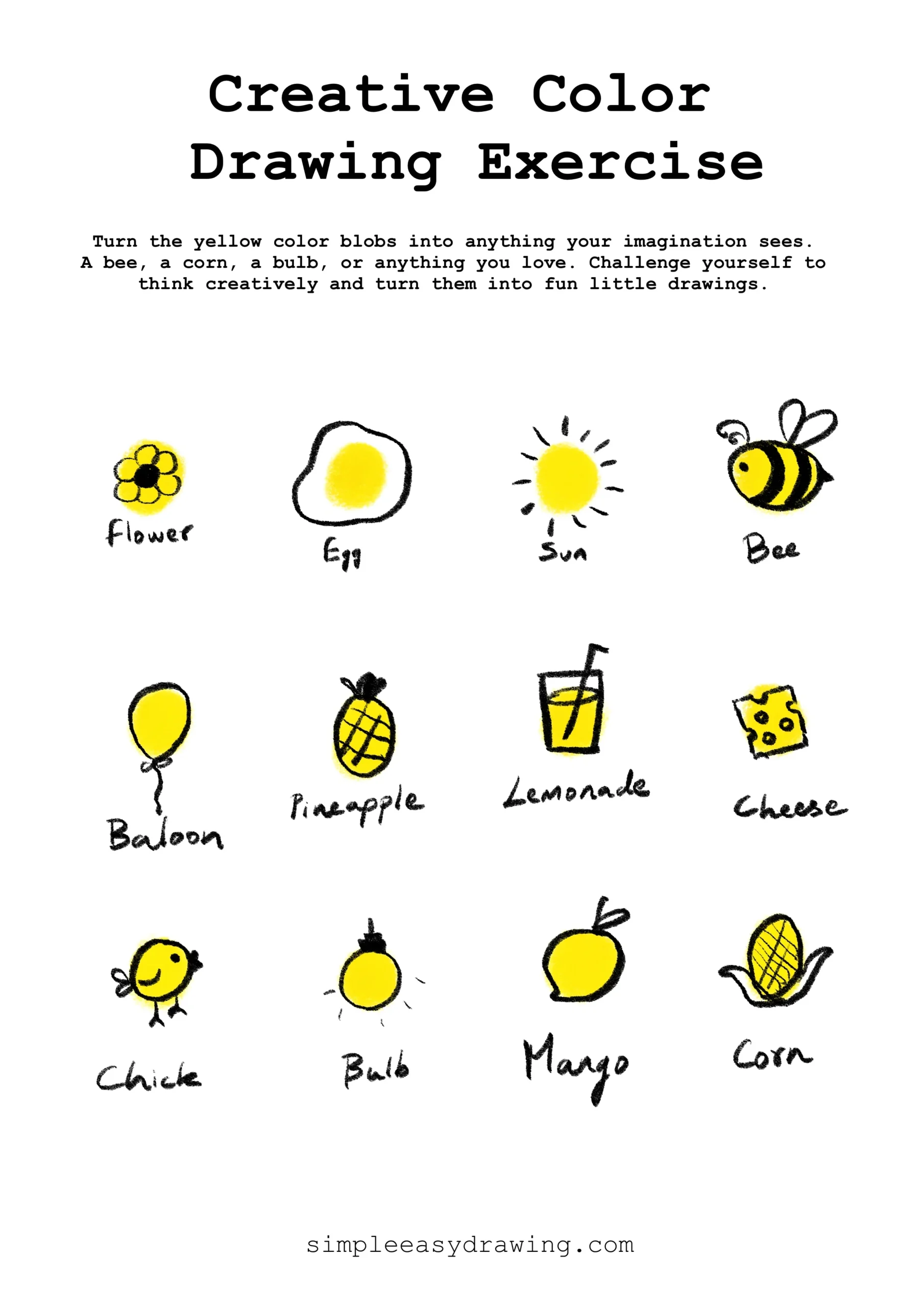 An easy art printable showing twelve yellow shapes turned into doodles of a flower, egg, sun, bee, balloon, pineapple, lemonade, cheese, chick, lightbulb, mango, and corn with clean black pen lines.