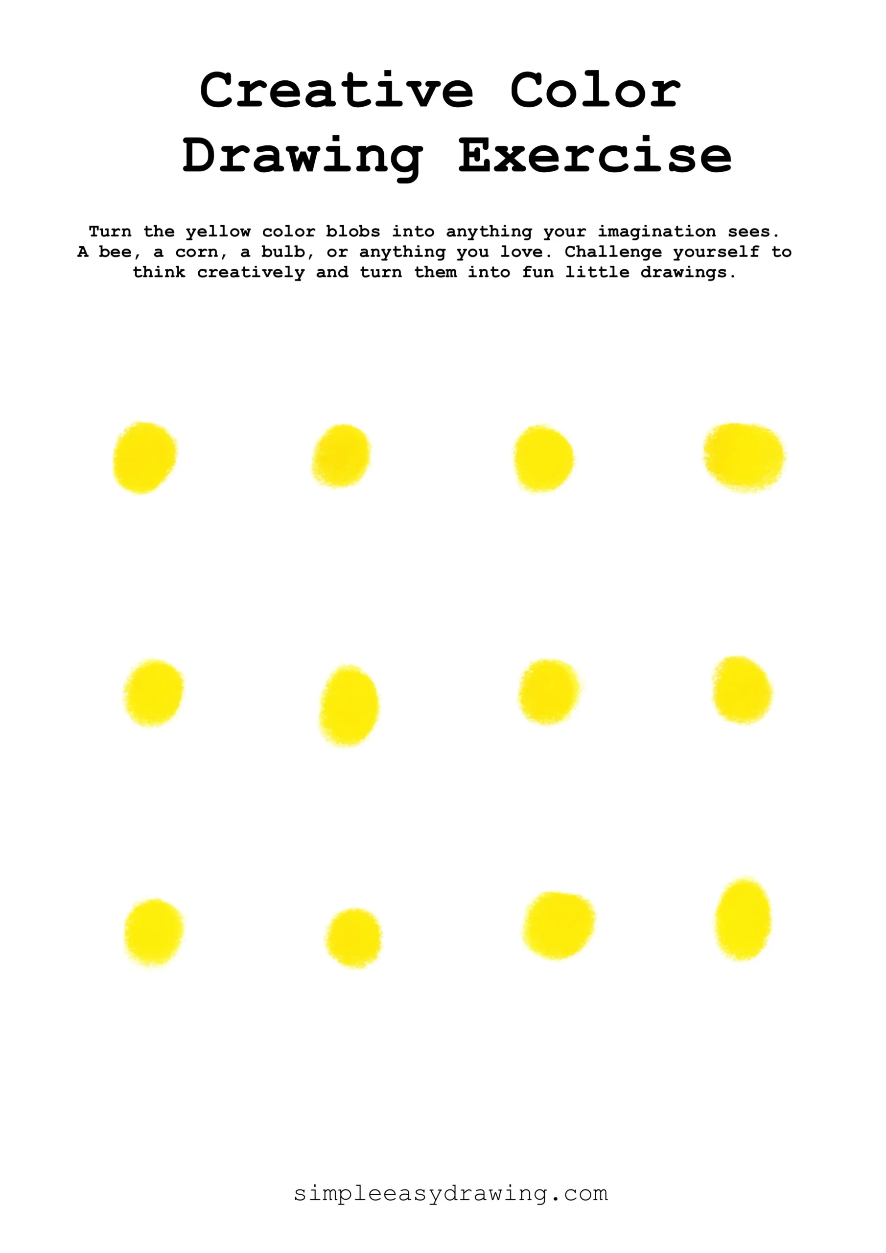 A creative color drawing exercise worksheet featuring twelve abstract yellow color blobs arranged in a clean grid pattern on a white background.