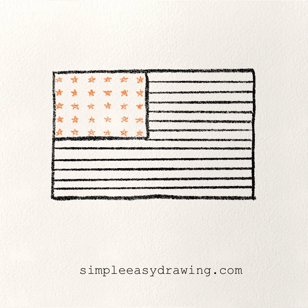 Draw the first set of stars inside the American flag's Union