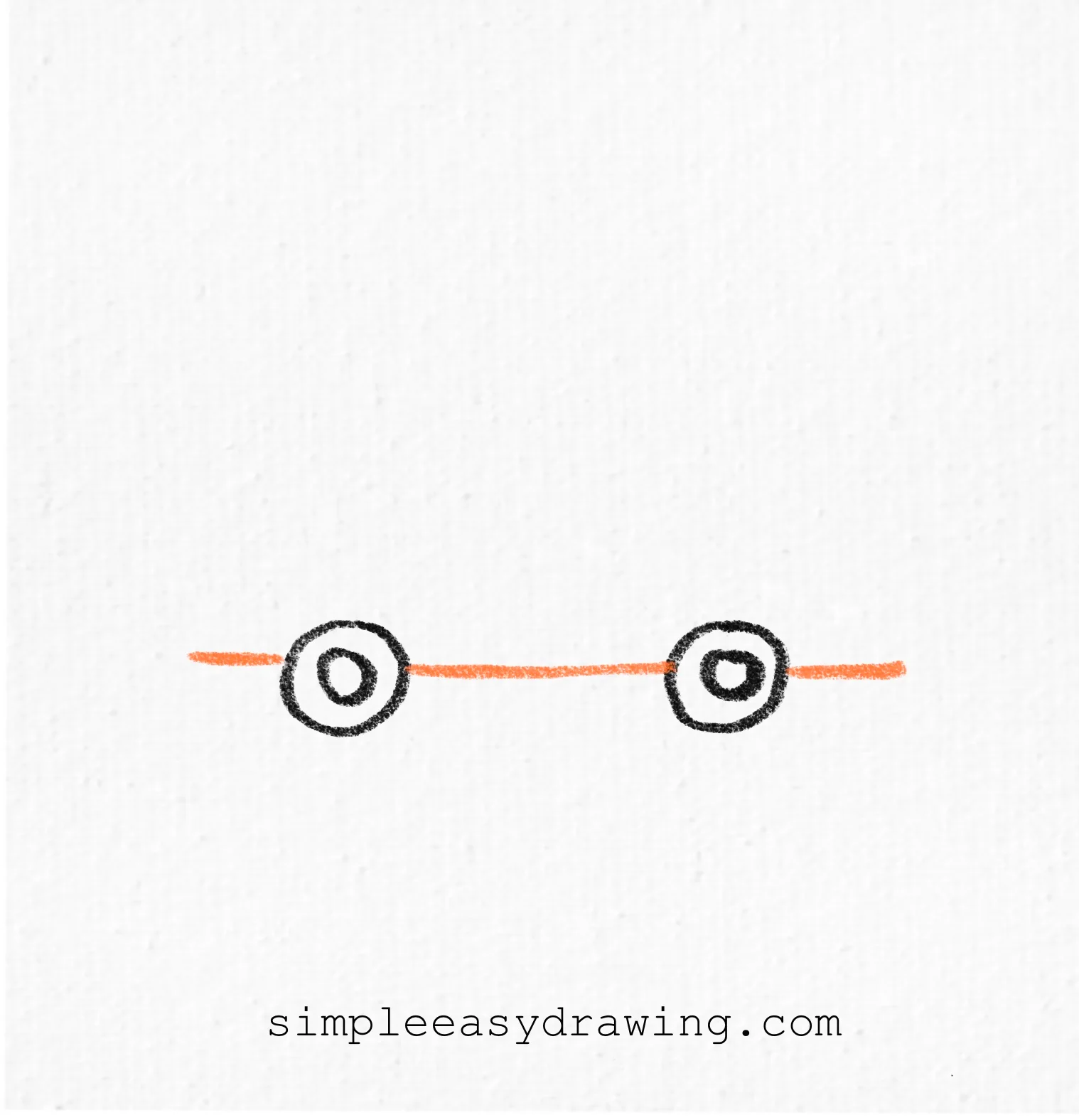 Step 2 of a school bus drawing showing a long straight base line drawn behind the two wheels to form the bottom of the bus.