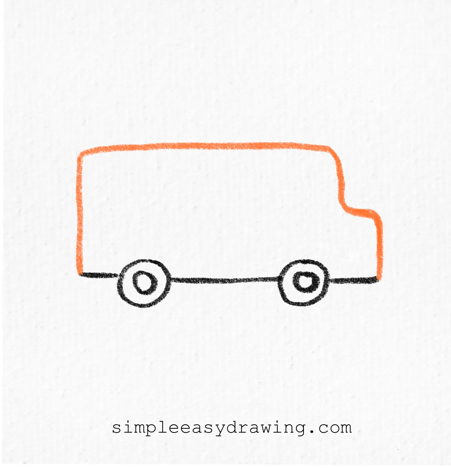 Step 3 of a school bus drawing showing the large rounded outline of the bus body drawn above the wheels.