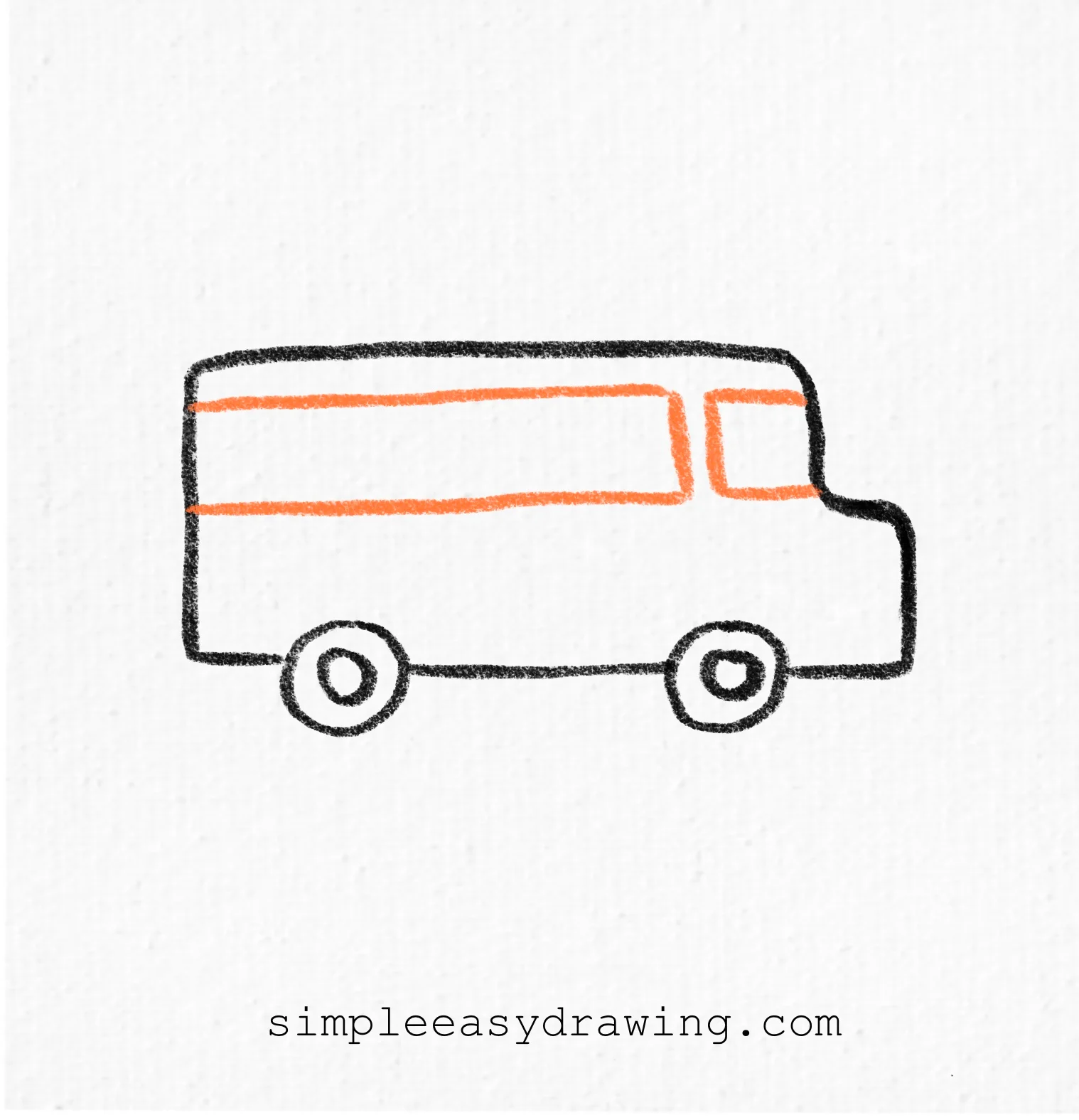 Step 4 of a school bus drawing showing the driver's window and the long row of passenger windows added to the bus.