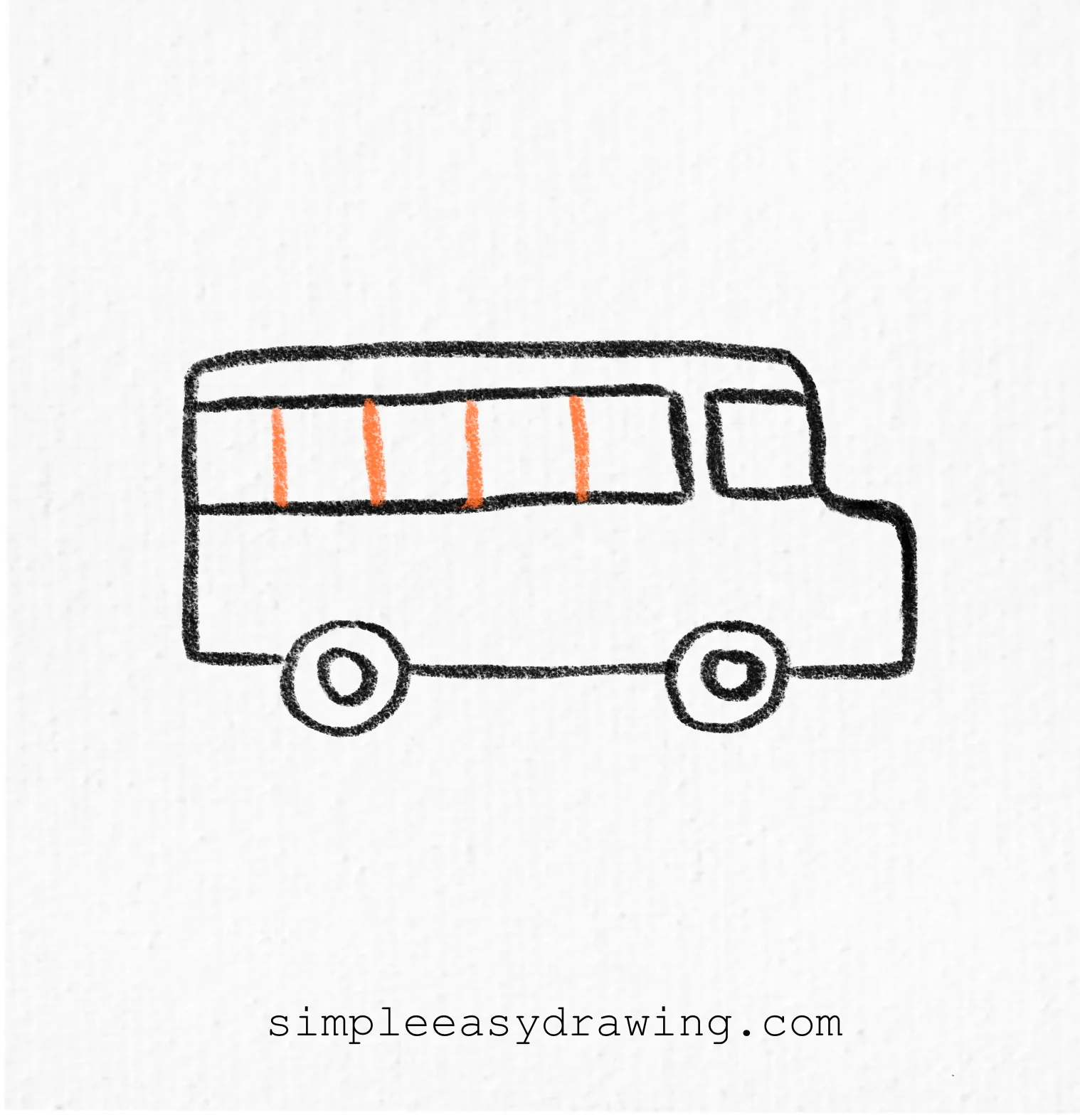 Step 5 of a school bus drawing showing evenly spaced window dividers added to create individual passenger windows.