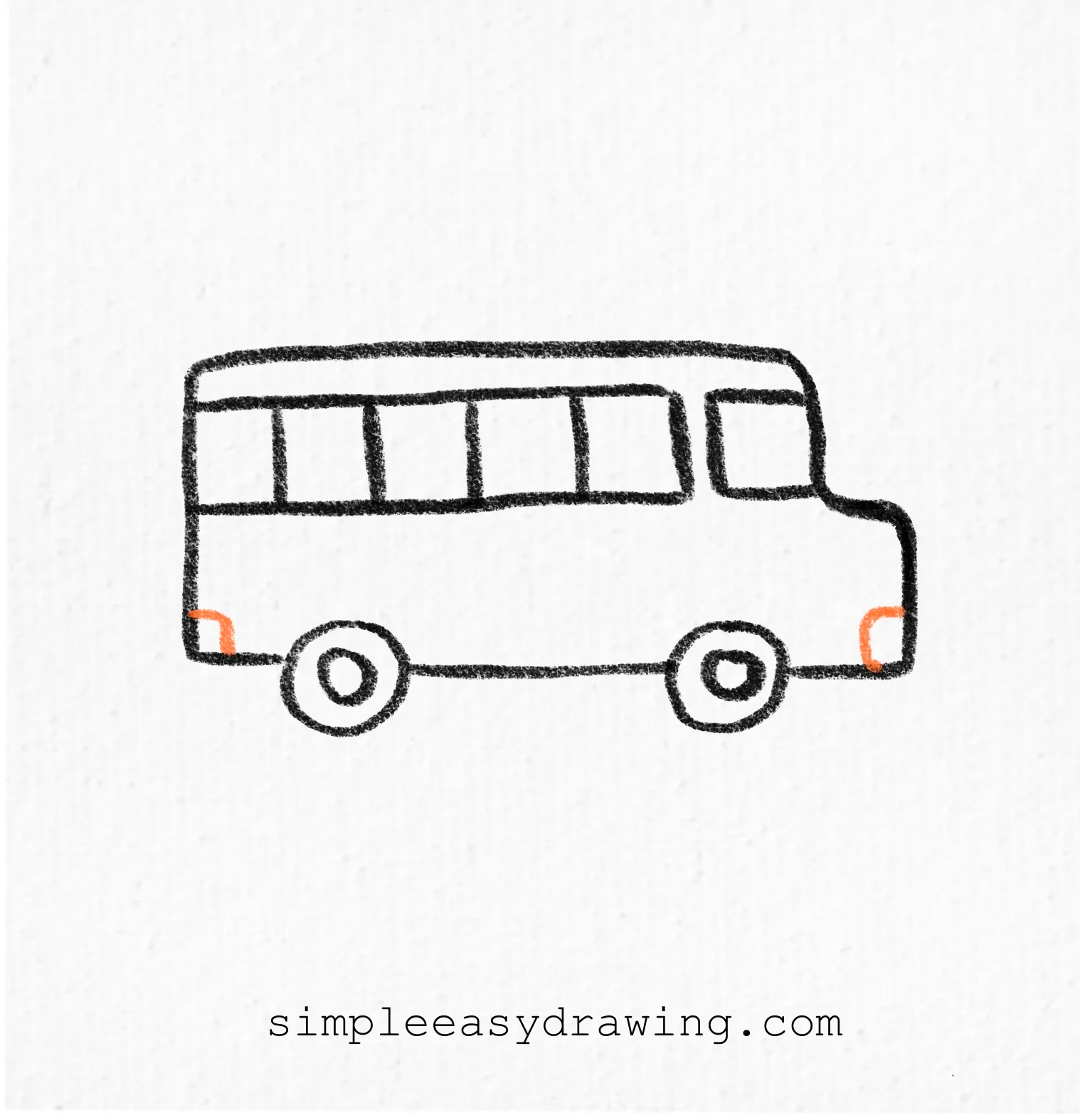 Step 6 of a school bus drawing showing small front and rear lights added to complete the outline of the bus.