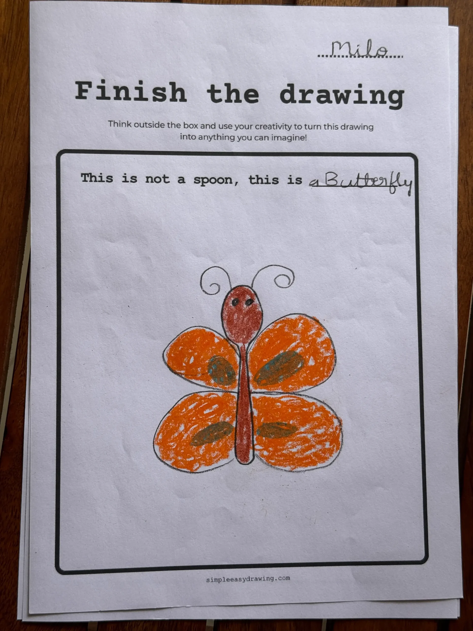 Finish the Drawing worksheet with a spoon turned into a butterfly.
