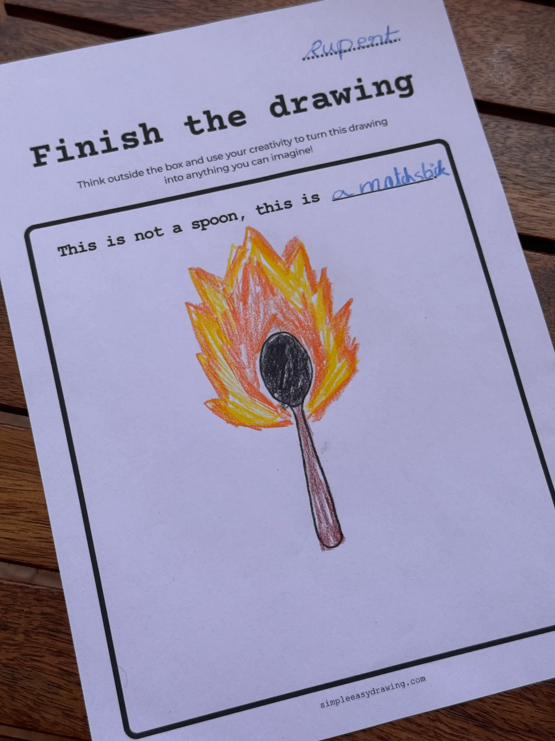 Finish the Drawing worksheet with a spoon turned into a matchstick.