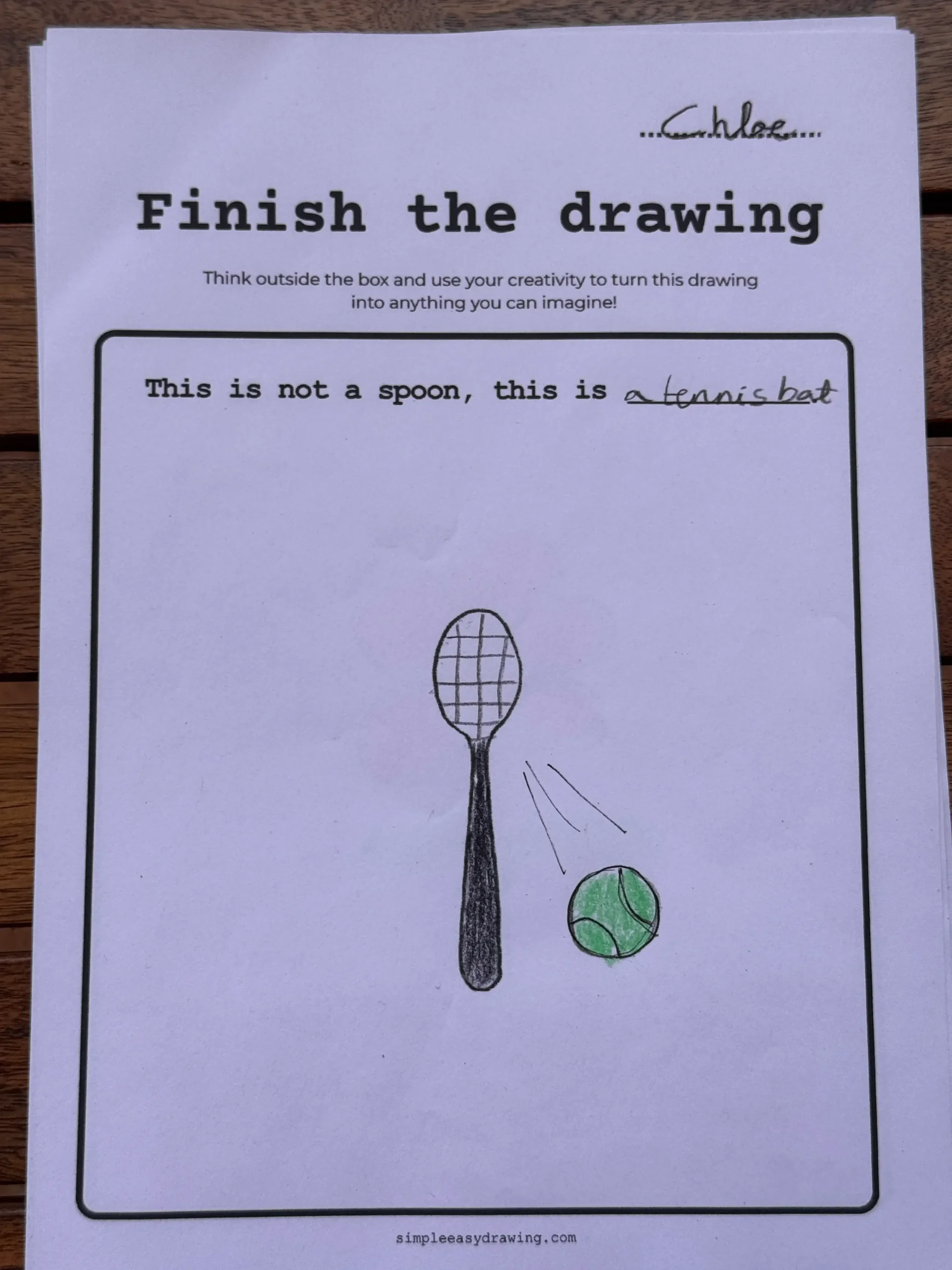 Finish the Drawing worksheet with a spoon turned into a tennis racket and ball.