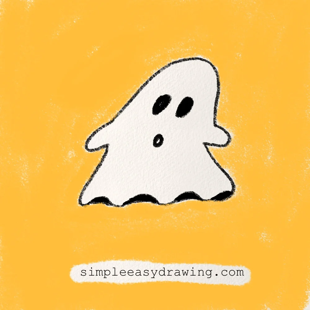 Simple Halloween ghost drawing with a rounded head, small arms, dark eyes, and a wavy bottom.