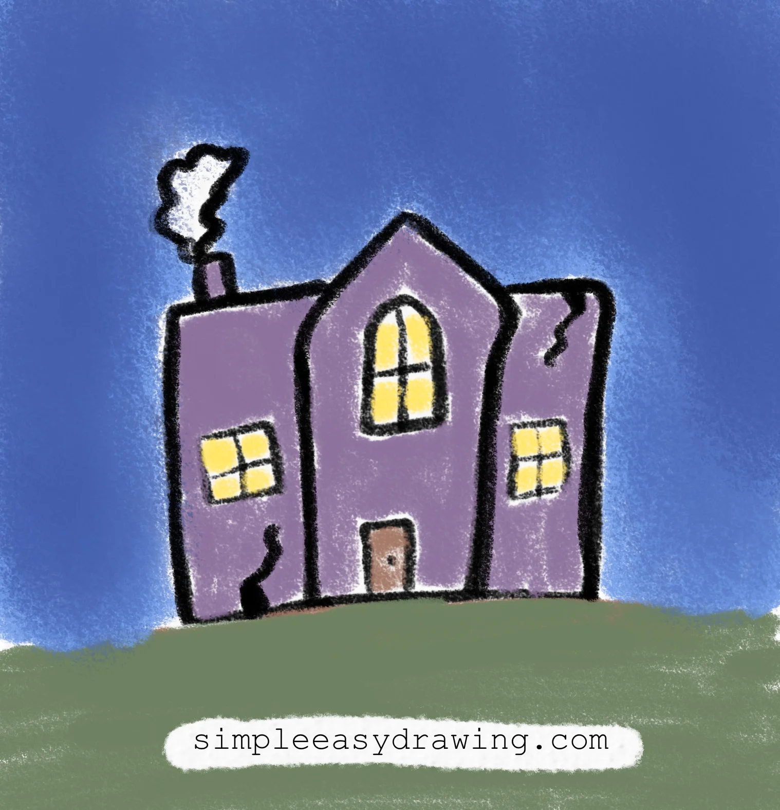 Purple spooky Halloween house with windows, a door, tall roof, and chimney.