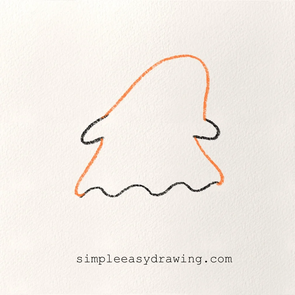 Completing the outline of the ghost drawing with a rounded head, small arms and wavy bottom.