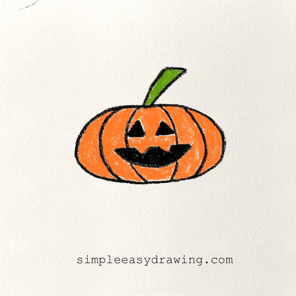 Finished cute Halloween pumpkin drawing coloured orange with a green stem and spooky face.