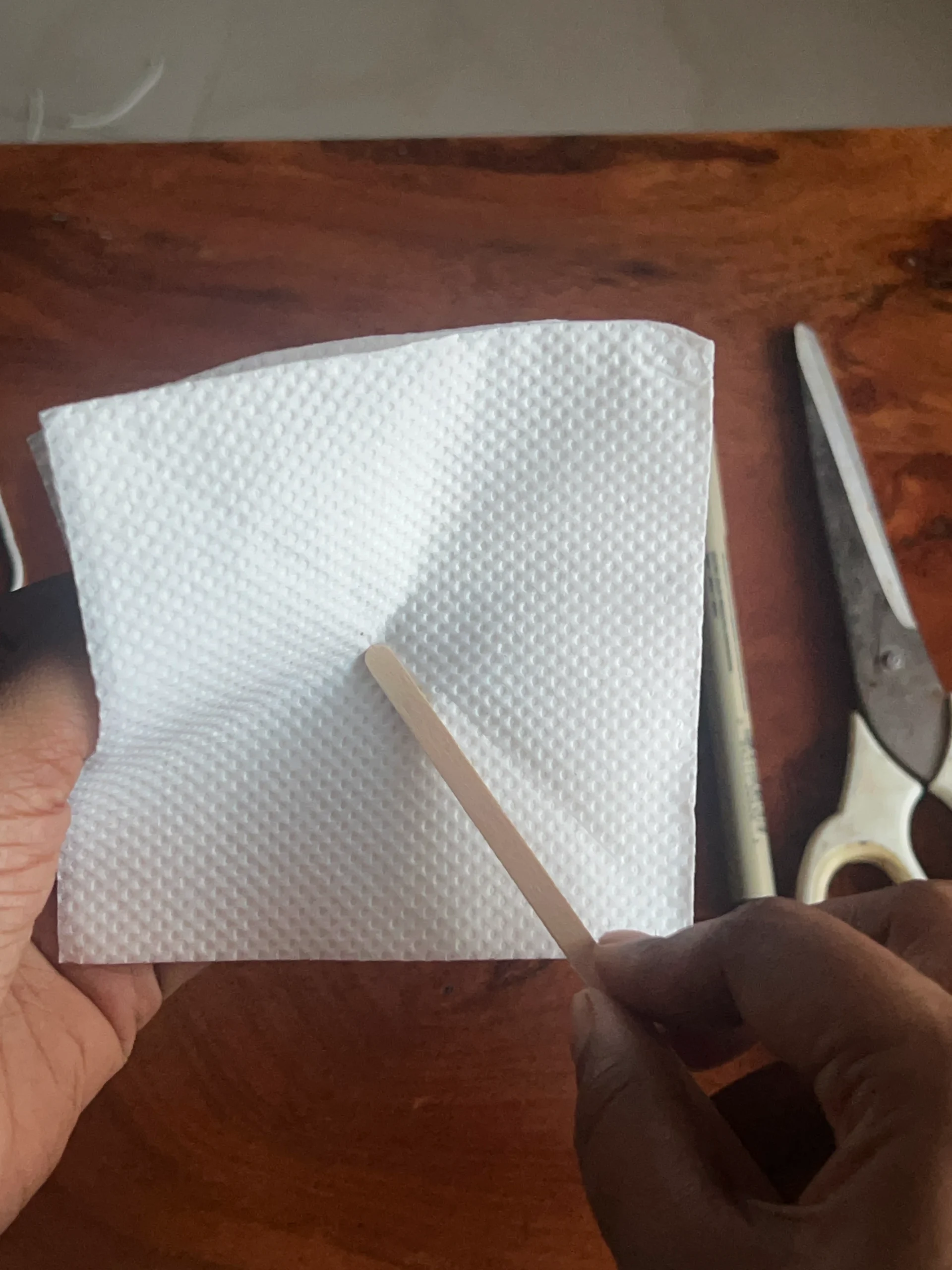 Placing a coffee stirrer stick in the middle of a piece of tissue paper.